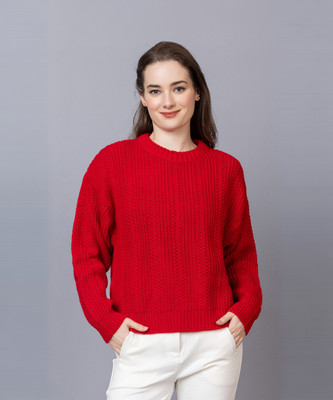 StyleDusk Woven Round Neck Casual Women Red Sweater