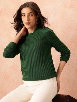 all about you Solid Round Neck Casual Women Green Sweater