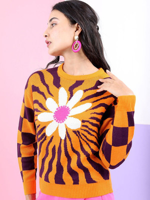 Tokyo Talkies Printed Round Neck Casual Women Yellow Sweater