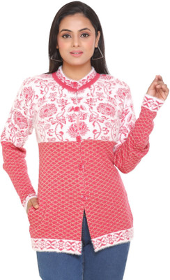 WOOL 4U Self Design, Colorblock High Neck Casual Women Pink, White Sweater