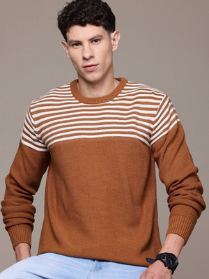 Roadster Striped Round Neck Casual Men Brown Sweater
