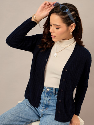 Roadster Solid V Neck Casual Women Dark Blue Sweater