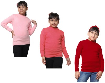 KAVYA Solid Round Neck Casual Girls Pink, Orange, Red Sweater