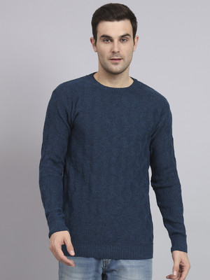 eWools Self Design Round Neck Casual Men Blue Sweater