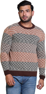 Grand Line Self Design Round Neck Casual Men Brown Sweater
