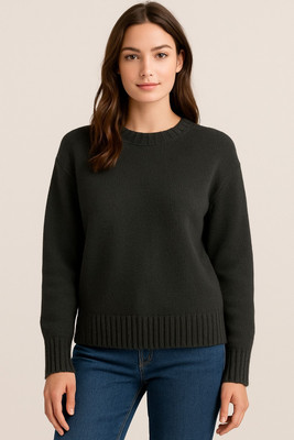 Nobarr Solid Round Neck Casual Women Black Sweater