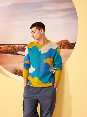 Mast & Harbour Self Design Round Neck Casual Men Blue Sweater