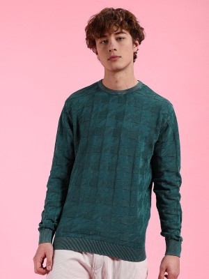 The Indian Garage Co. Printed Crew Neck Casual Men Green Sweater