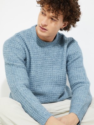 MAX Printed Round Neck Casual Men Blue Sweater