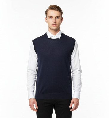 VOMAZO Solid Round Neck Formal Men Dark Blue Sweater