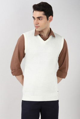 PETER ENGLAND Solid V Neck Casual Men White Sweater