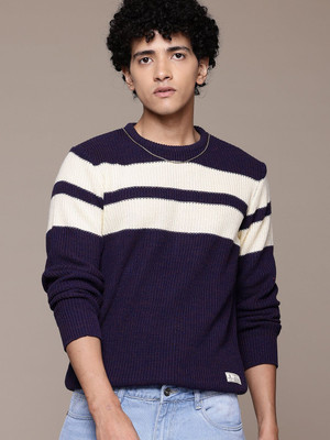 Roadster Striped Round Neck Casual Men Purple Sweater