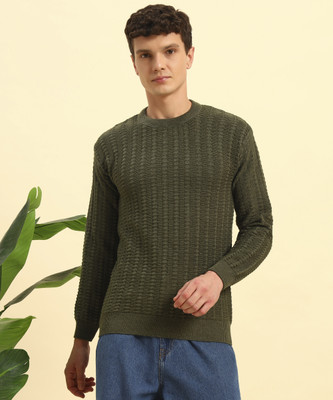 CANBLAR Self Design Round Neck Casual Men Green Sweater