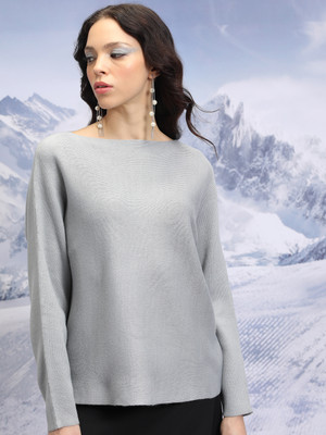 Tokyo Talkies Solid Boat Neck Casual Women Grey Sweater