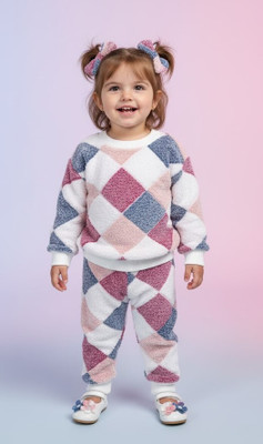 MODESTYLE Geometric Print Round Neck Casual Baby Girls White Sweater