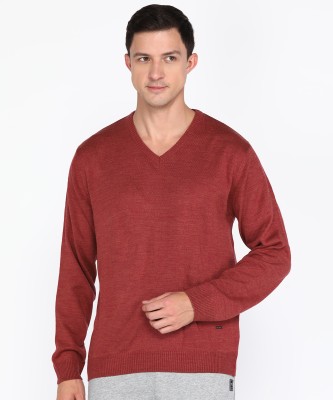 PARK AVENUE Solid V Neck Casual Men Red Sweater