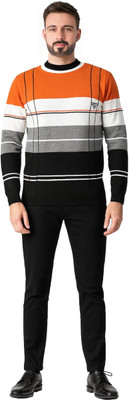 manra Striped Round Neck Casual Men Orange Sweater