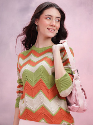Dressberry Self Design, Chevron/Zig Zag Round Neck Casual Women Multicolor Sweater