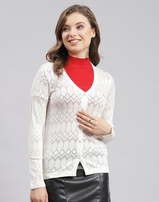 MONTE CARLO Self Design V Neck Casual Women White Sweater