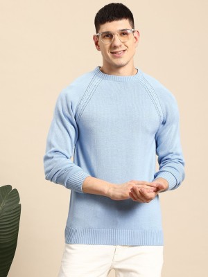 Mast & Harbour Solid Round Neck Casual Men Blue Sweater