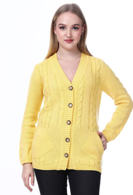 NOQUO Self Design V Neck Casual Women Yellow Sweater
