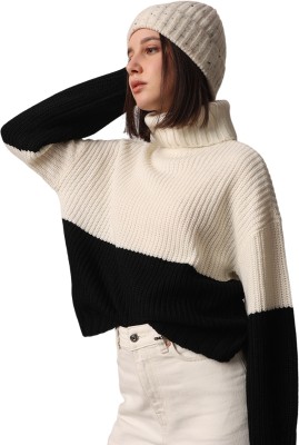 ONLY Colorblock Turtle Neck Casual Women Black, White Sweater