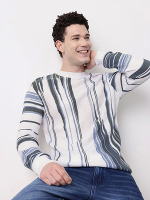 Mast & Harbour Striped Round Neck Casual Men White, Blue, Grey Sweater