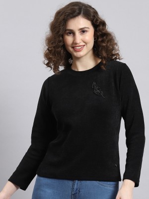 MONTE CARLO Embroidered Round Neck Casual Women Black Sweater