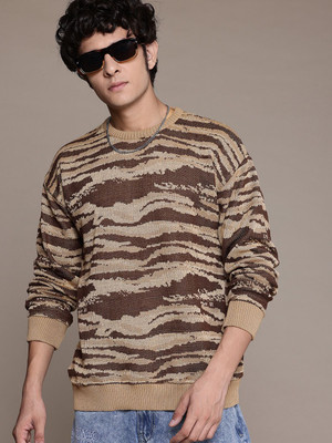 Roadster Self Design Round Neck Casual Men Beige Sweater
