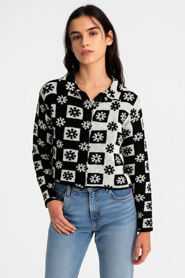 Nobarr Printed Collared Neck Casual Women Black Sweater