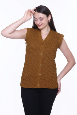 ENOV Self Design V Neck Casual Women Brown Sweater