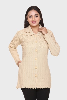 Ozarro Embroidered Collared Neck Casual Women Beige Sweater