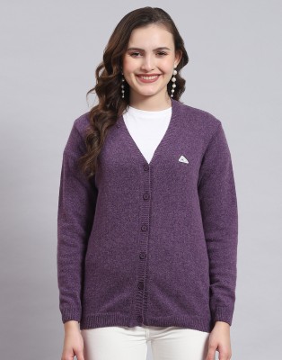 MONTE CARLO Solid V Neck Casual Women Purple Sweater