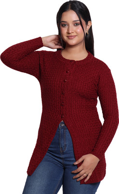 Varenyam Self Design Ruffle Neck Casual Women Maroon Sweater