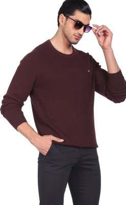 Arrow Sport Solid Round Neck Casual Men Maroon Sweater