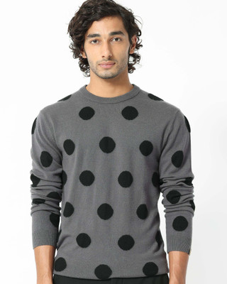 RARE RABBIT Embroidered Round Neck Casual Men Grey Sweater