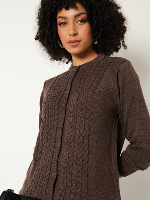 MAX Self Design Round Neck Casual Women Brown Sweater