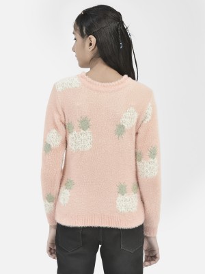 CRIMSOUNE CLUB Printed Round Neck Casual Girls Pink Sweater