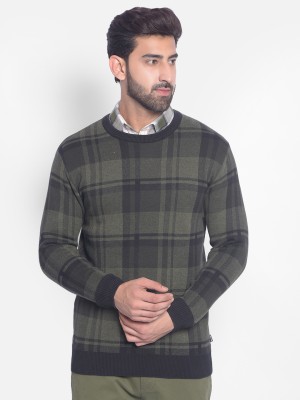 CRIMSOUNE CLUB Checkered Round Neck Casual Men Green Sweater