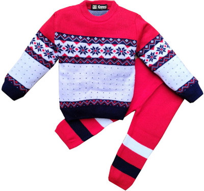 JAI Printed Round Neck Casual Boys & Girls Red Sweater
