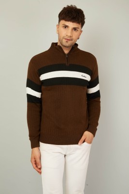 KVETOO Woven High Neck Casual Men Brown Sweater