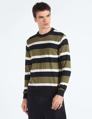 FLYING MACHINE Striped Crew Neck Casual Men Green Sweater