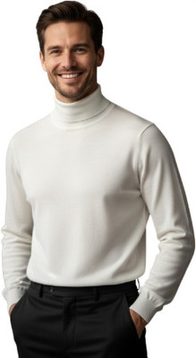 GAINELL Solid Turtle Neck Casual Men White Sweater