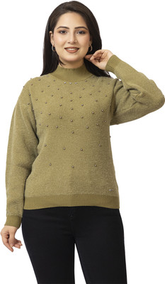 Lasoon Embellished High Neck Casual Women Light Green Sweater