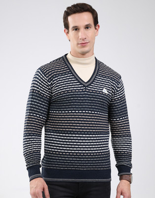MONTE CARLO Striped V Neck Casual Men Blue Sweater