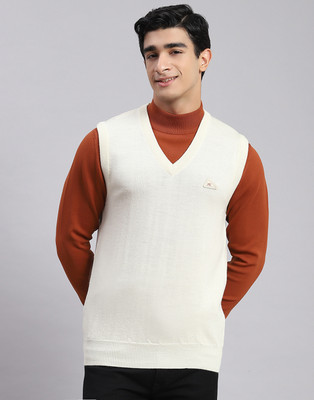 MONTE CARLO Solid V Neck Casual Men White Sweater