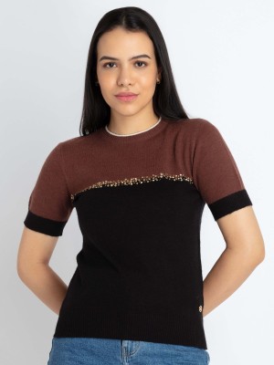 Status Quo Self Design Round Neck Casual Women Brown Sweater