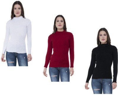 Indistar Solid High Neck Casual Women White, Maroon, Black Sweater