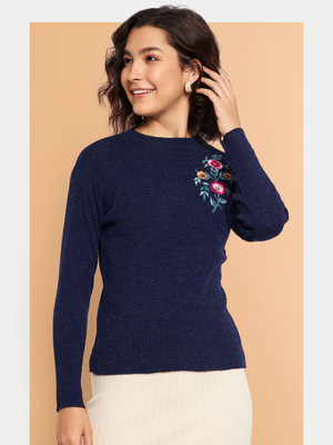 CLAPTON Printed Round Neck Casual Women Blue Sweater