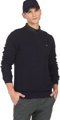 Arrow Sport Self Design Round Neck Casual Men Blue Sweater
